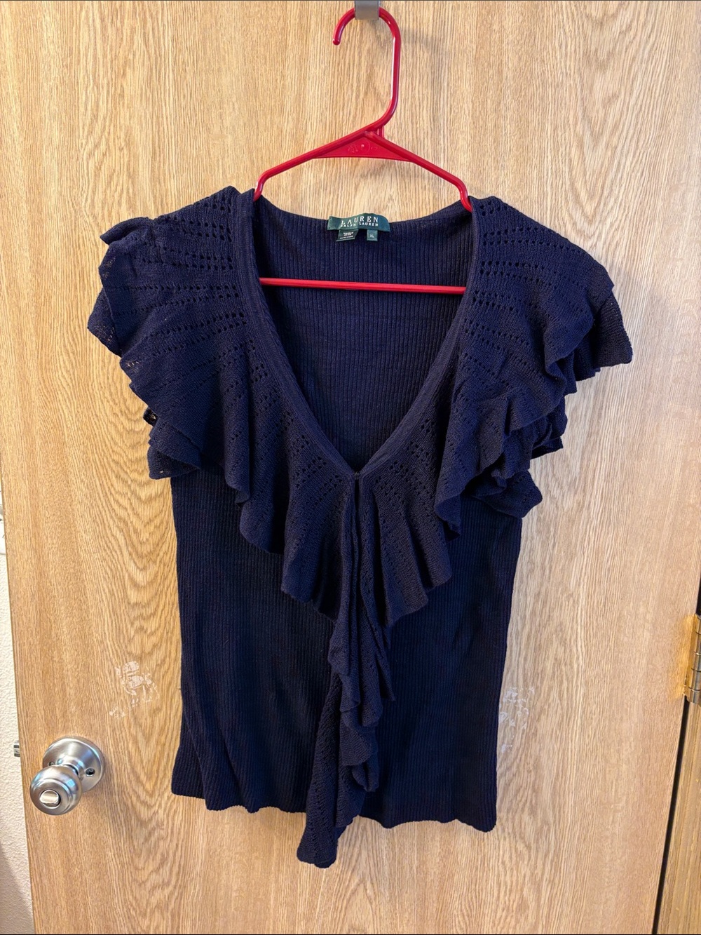 Ralph Lauren Navy Ruffle V-Neck Knit Top